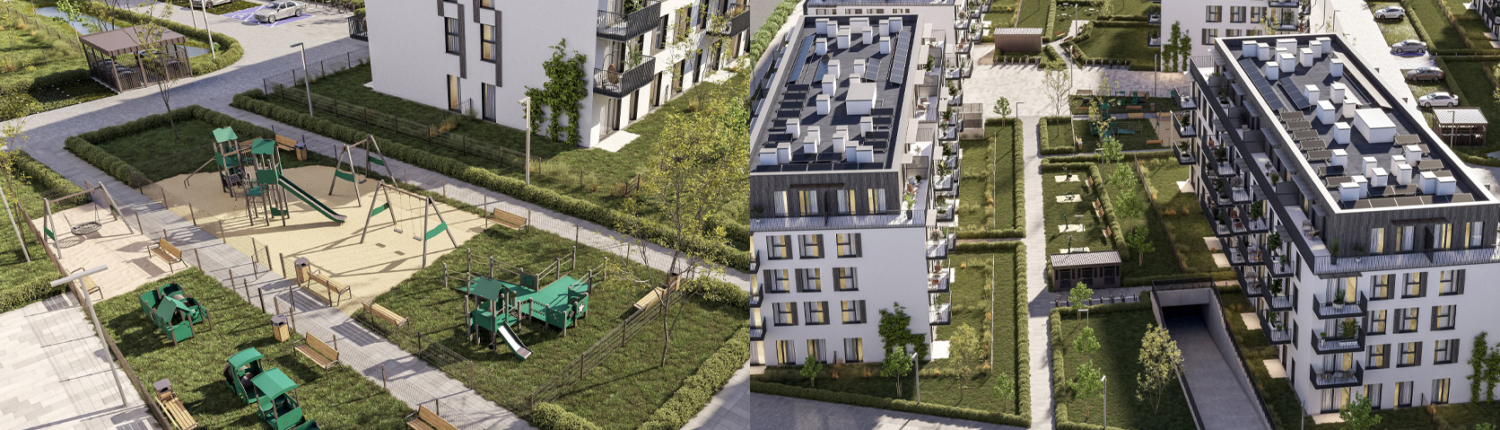 Wizualizacja osiedla mieszkaniowego: po lewej plac zabaw dla dzieci z alejkami i zielenią, po prawej widok z góry na budynki i zagospodarowany dziedziniec. Dwa połączone ujęcia wizualizacji inwestycji mieszkaniowej: lewa część przedstawia z góry plac zabaw z huśtawkami, zjeżdżalniami i ławkami otoczony zielenią i alejkami; prawa część ukazuje perspektywę z lotu ptaka na nowoczesne budynki wielorodzinne, dachy, wewnętrzne dziedzińce oraz zjazd do garażu podziemnego.